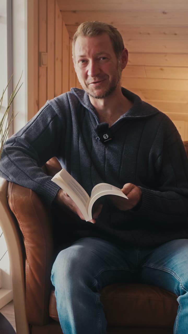 Felix im Sessel mit Peters aufgeschlagenem Buch